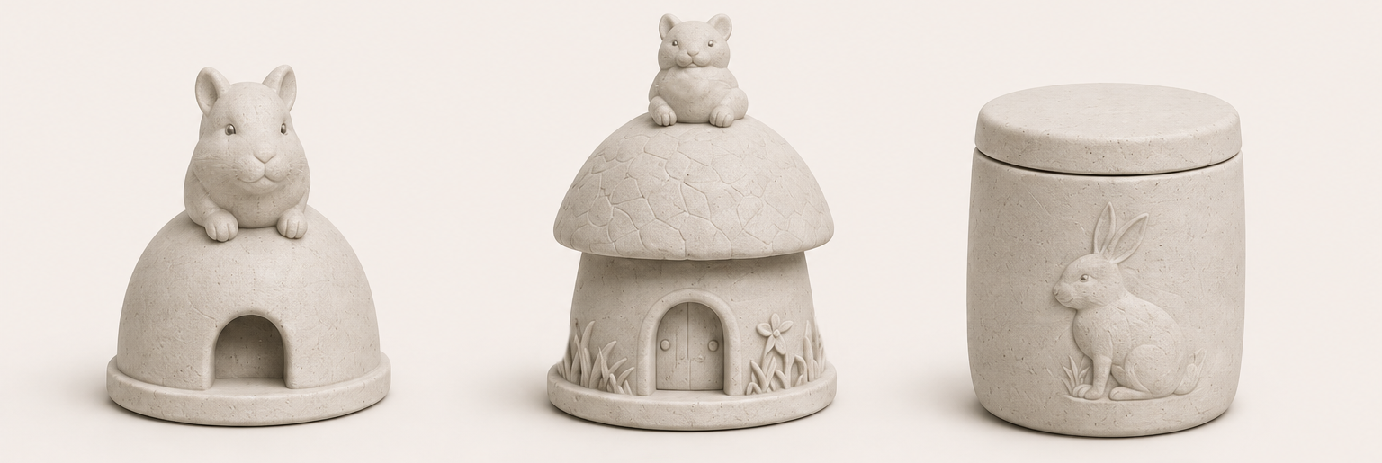 Bildgruppe mit Hamsterurne, Erinnerungsobjekt und Urnen für Kaninchen und Meerschweinchen aus Naturbeton